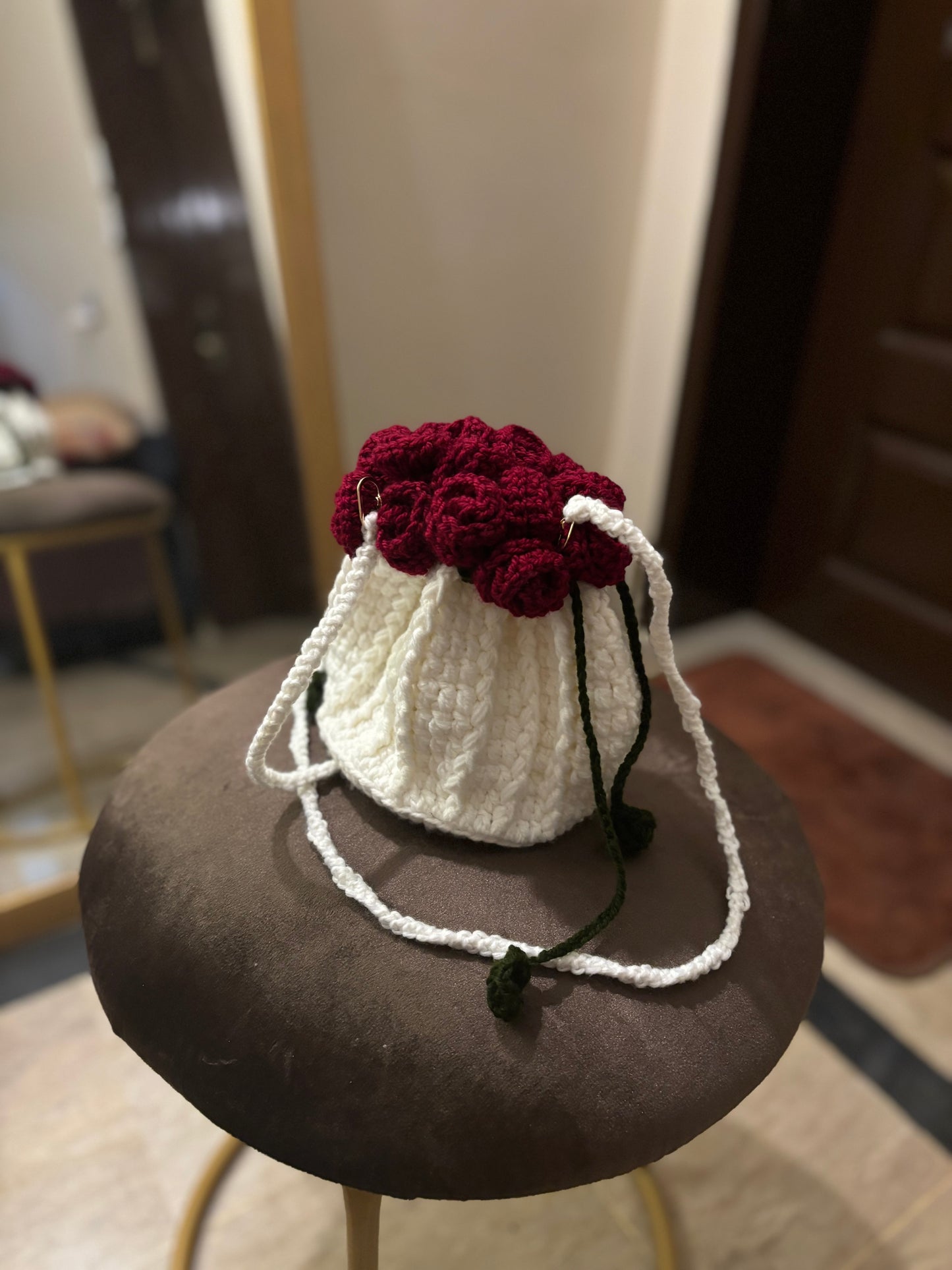 Crochet drawstring rose bag