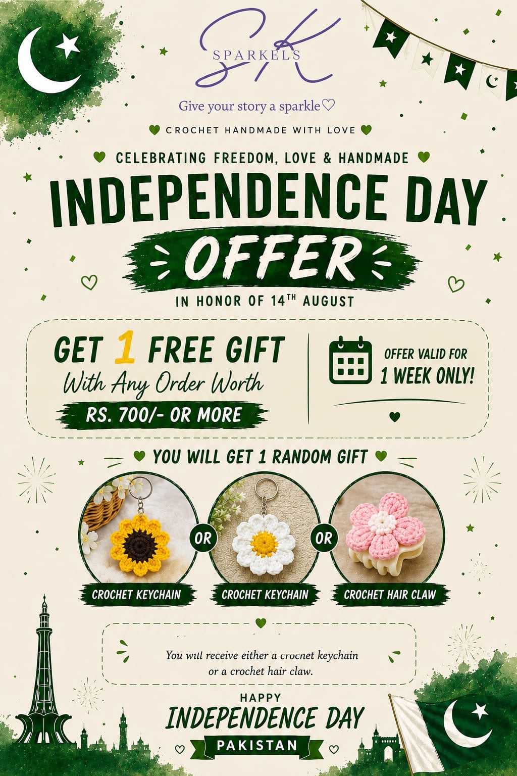 Free gift ( it’ll be either crochet keychain or hairclaw)
