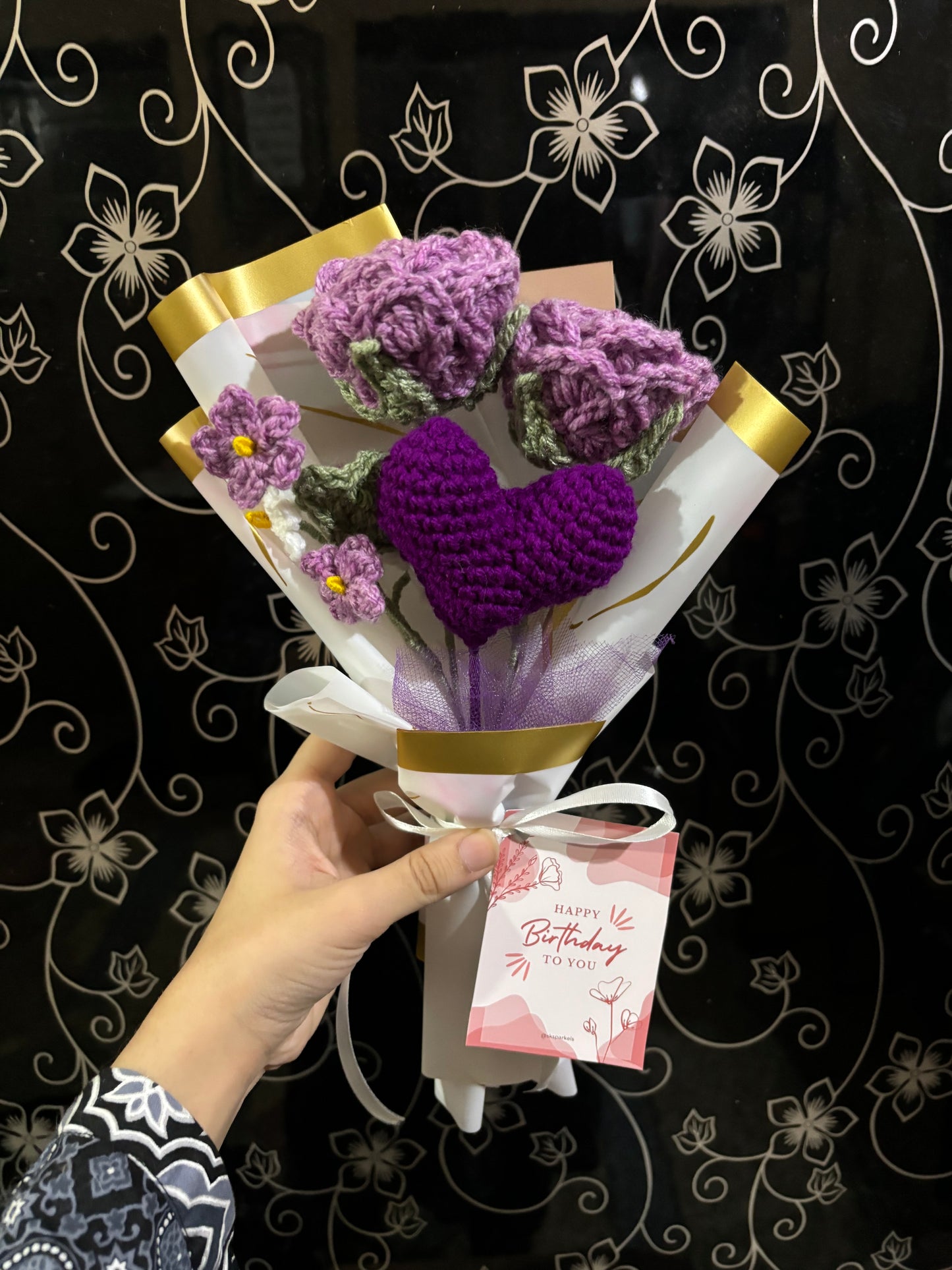 Crochet purple themed roses heart bouquet