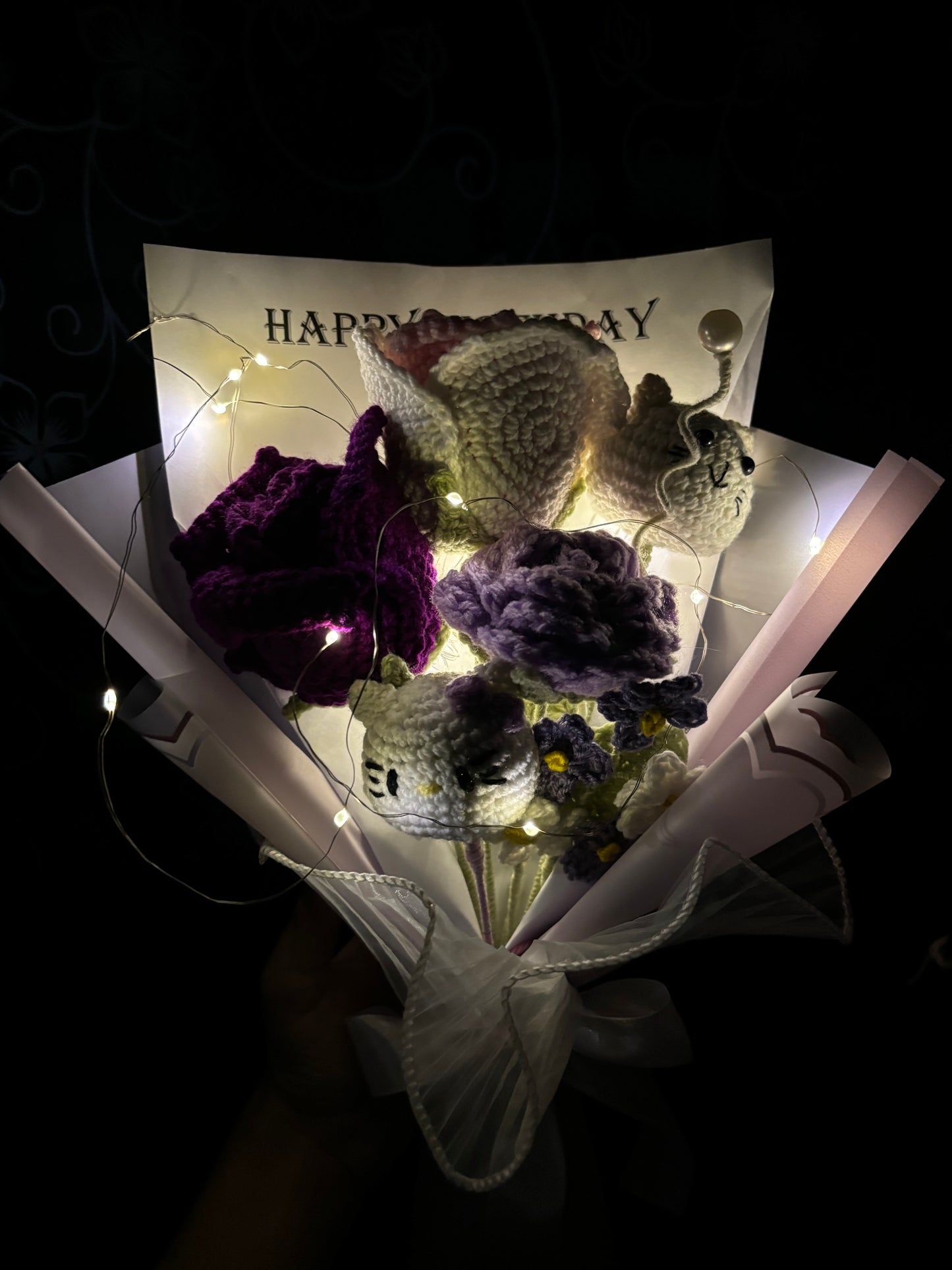 Crochet premium lavender bouquet with happy birthday text