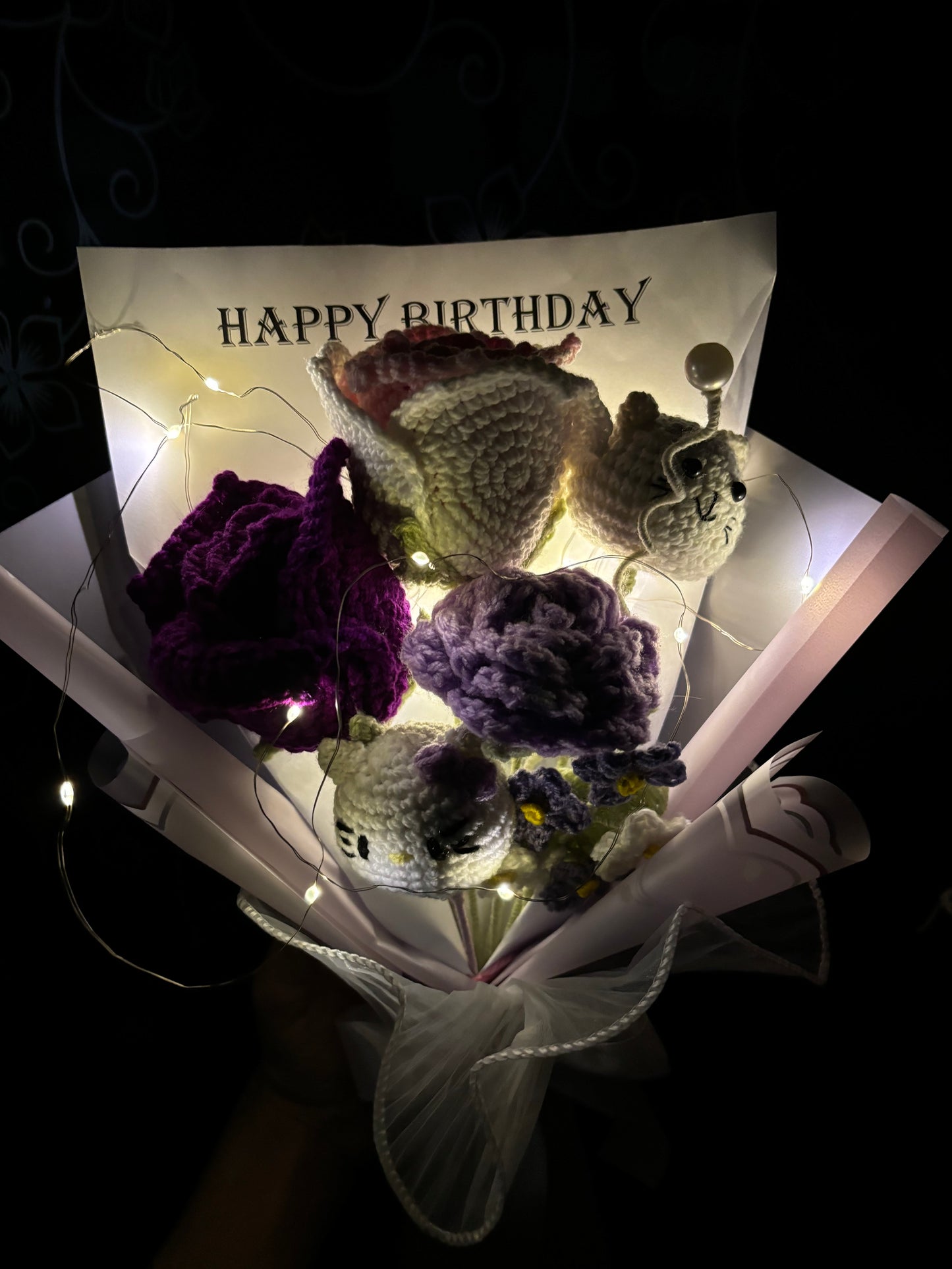 Crochet premium lavender bouquet with happy birthday text
