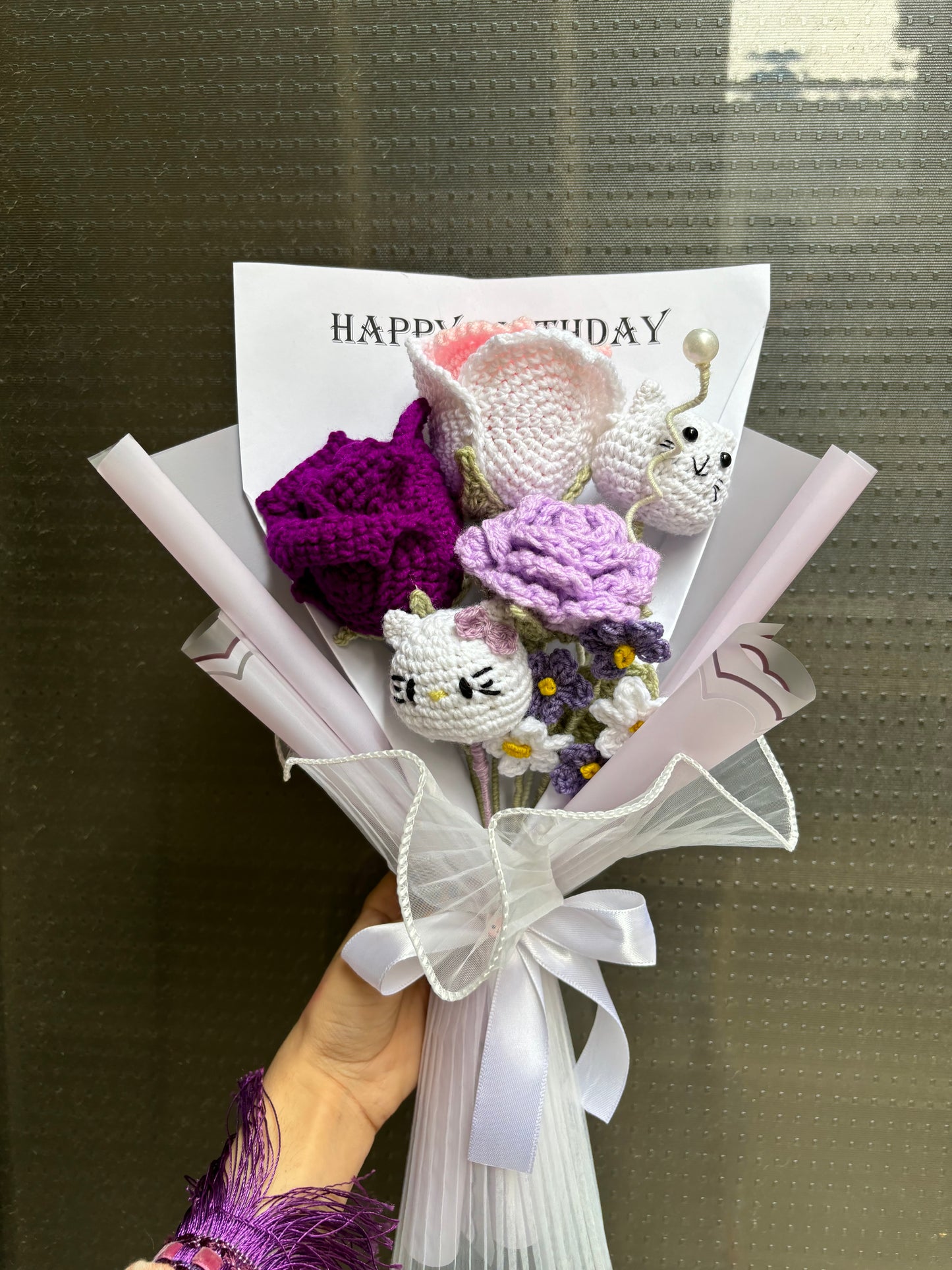 Crochet premium lavender bouquet with happy birthday text