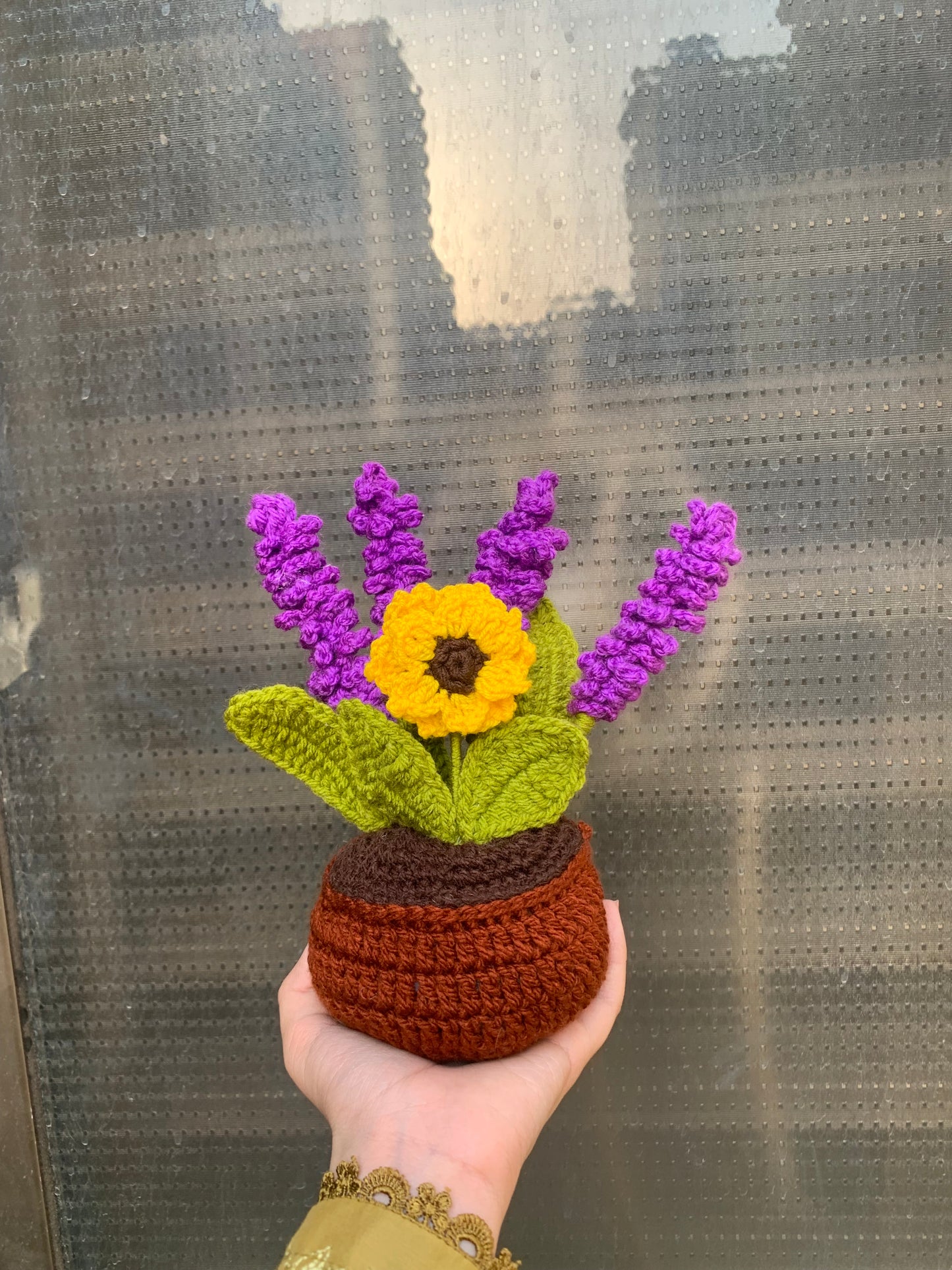 Crochet sunflower lavender pot