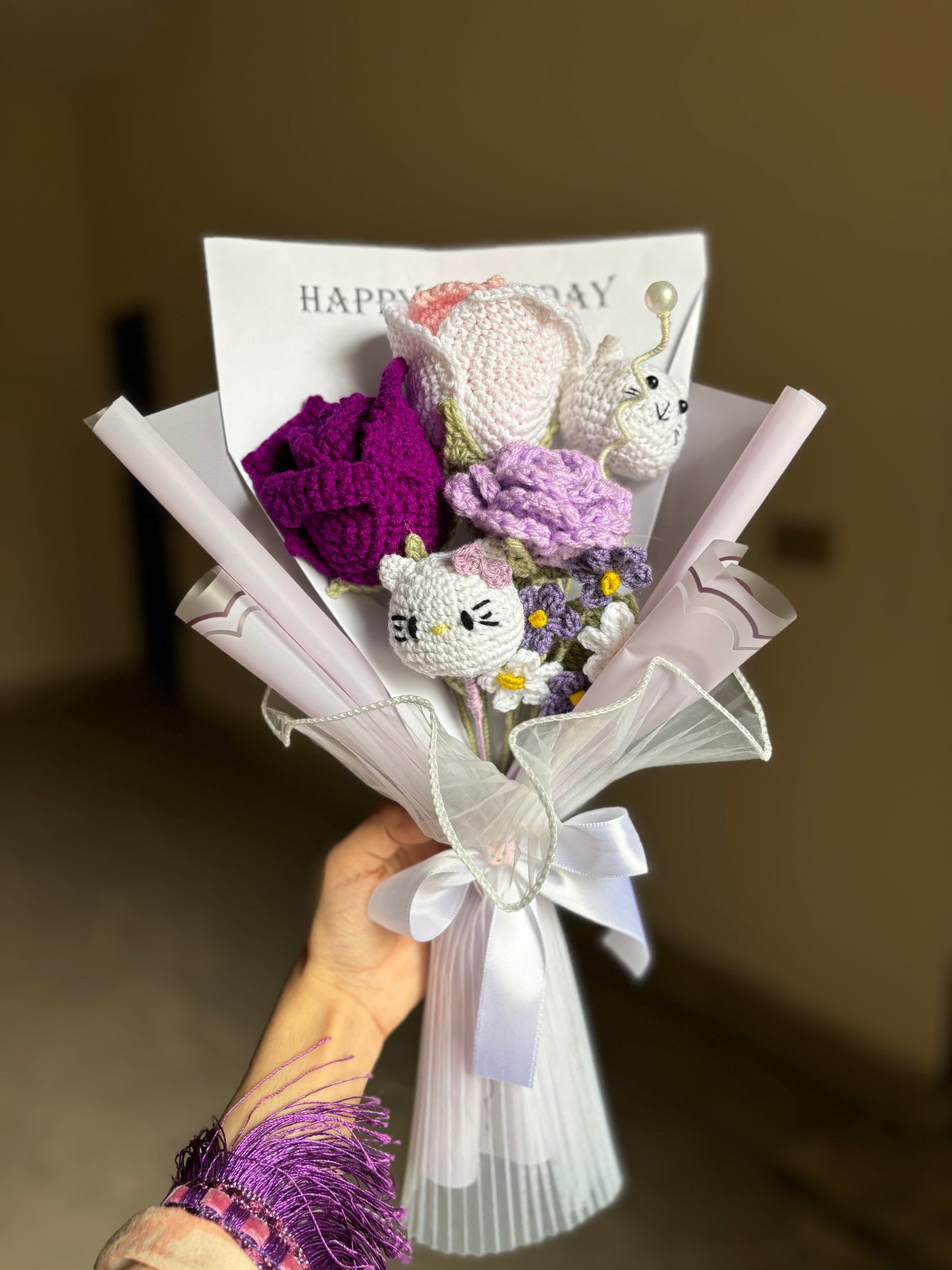 Crochet premium lavender bouquet with happy birthday text