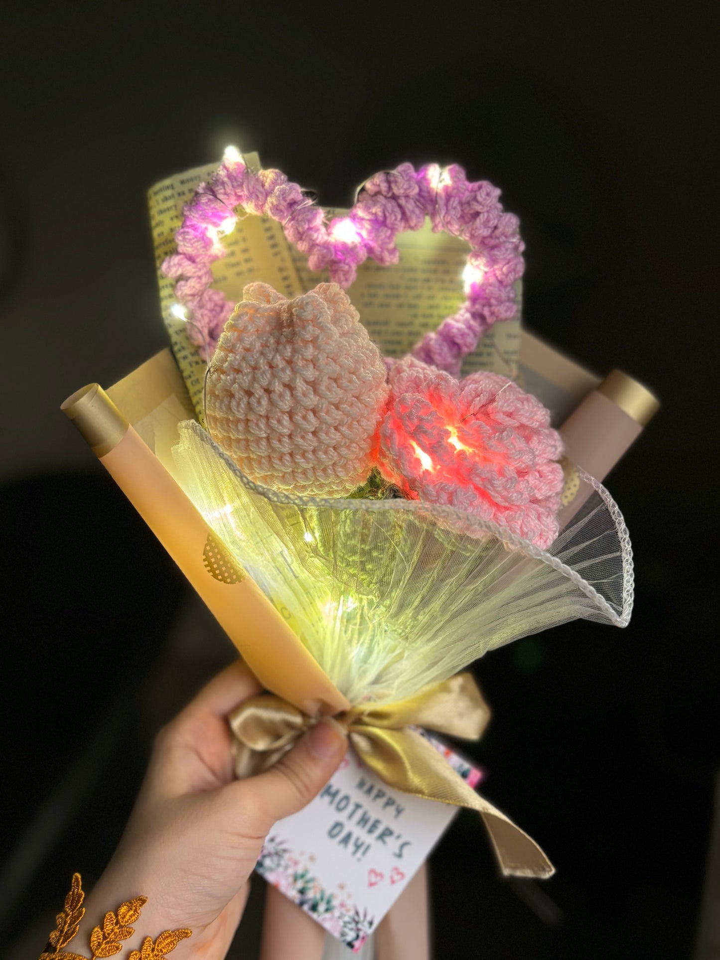 Crochet heart tulip and rose bouquet