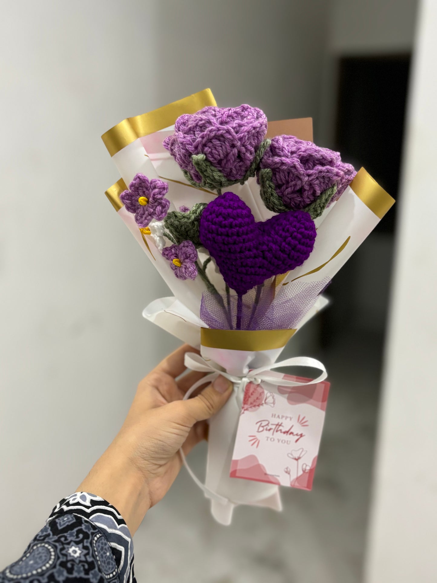 Crochet purple themed roses heart bouquet