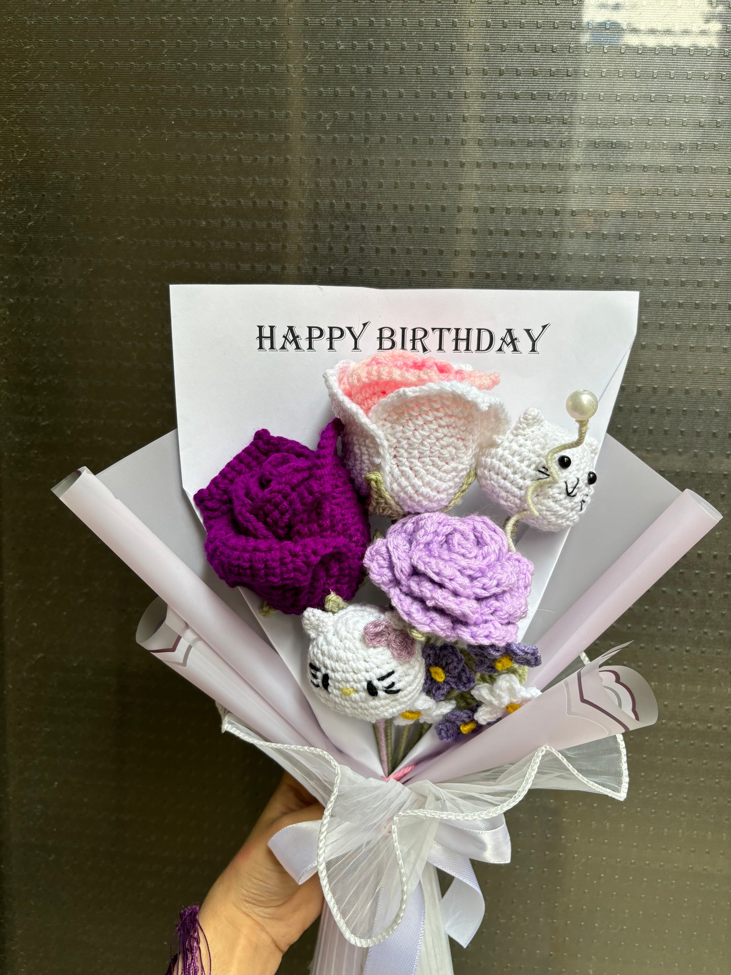 Crochet premium lavender bouquet with happy birthday text