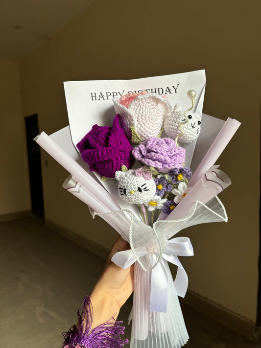 Crochet premium lavender bouquet with happy birthday text