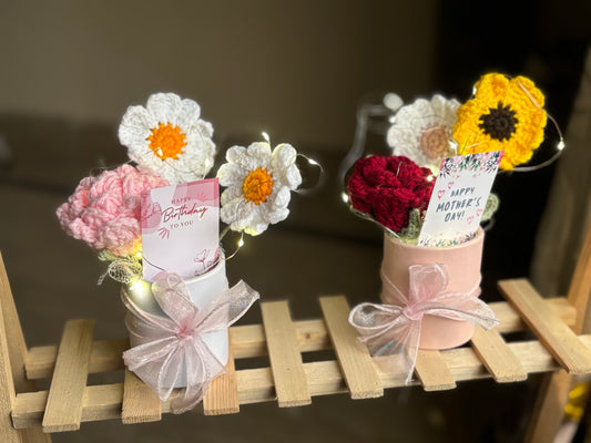 Mini bucket with crochet flowers