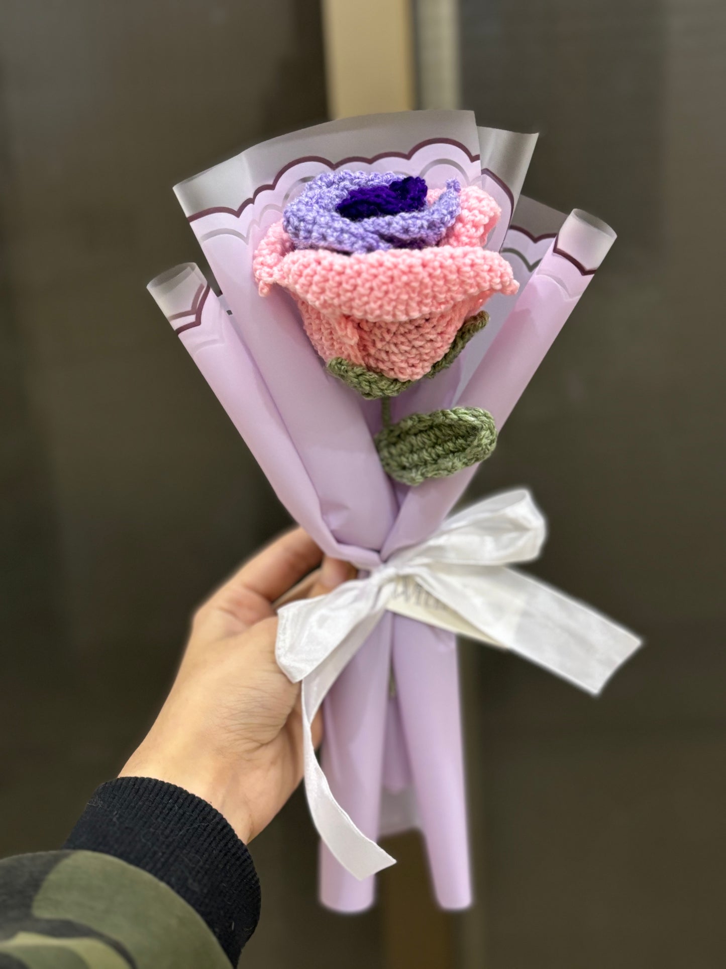 Crochet purple pink themed rose bouquet