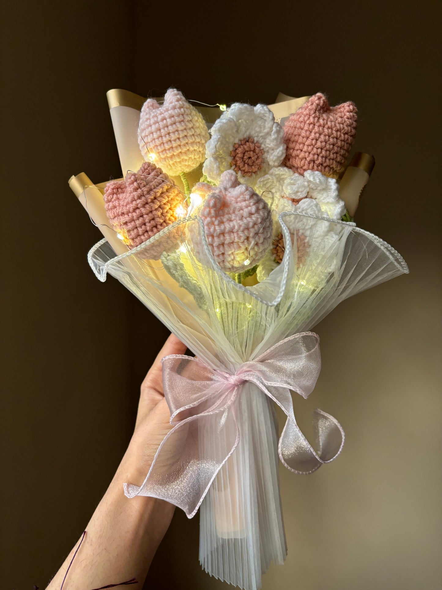 Crochet pastel themed premium bouquet with fairylights