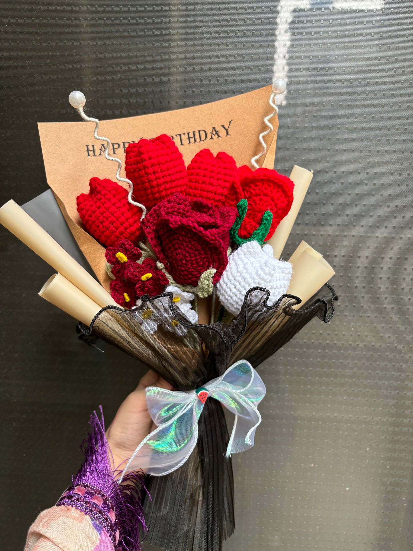 Crochet premium red themed bouquet with happy birthday text