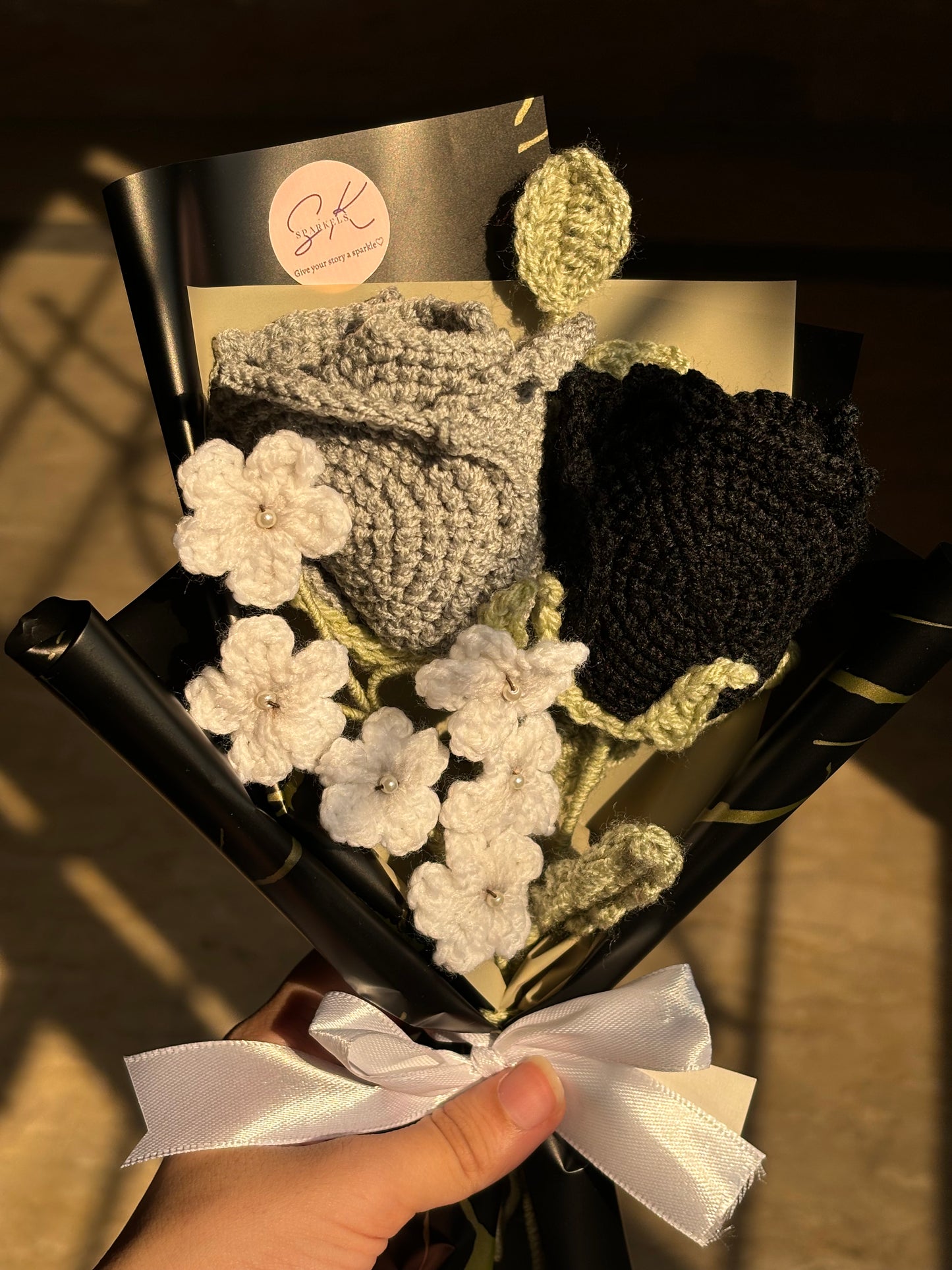 Crochet black grey themed rose bouquet