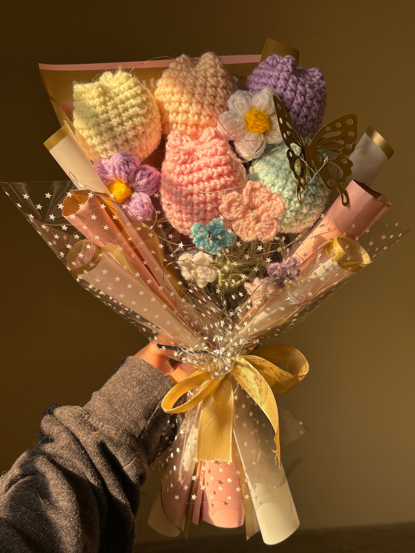 Crochet pastel themed bouquet with butterfly and fairylights
