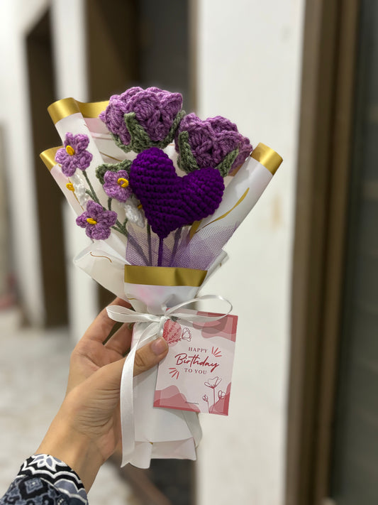 Crochet purple themed roses heart bouquet