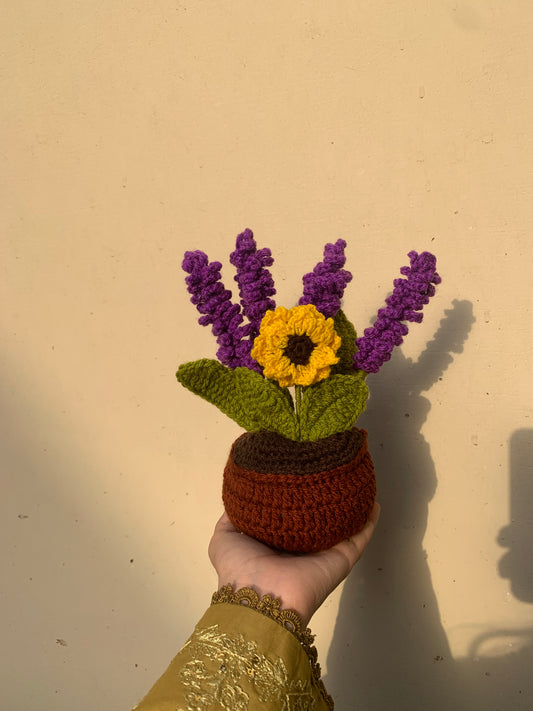 Crochet sunflower lavender pot