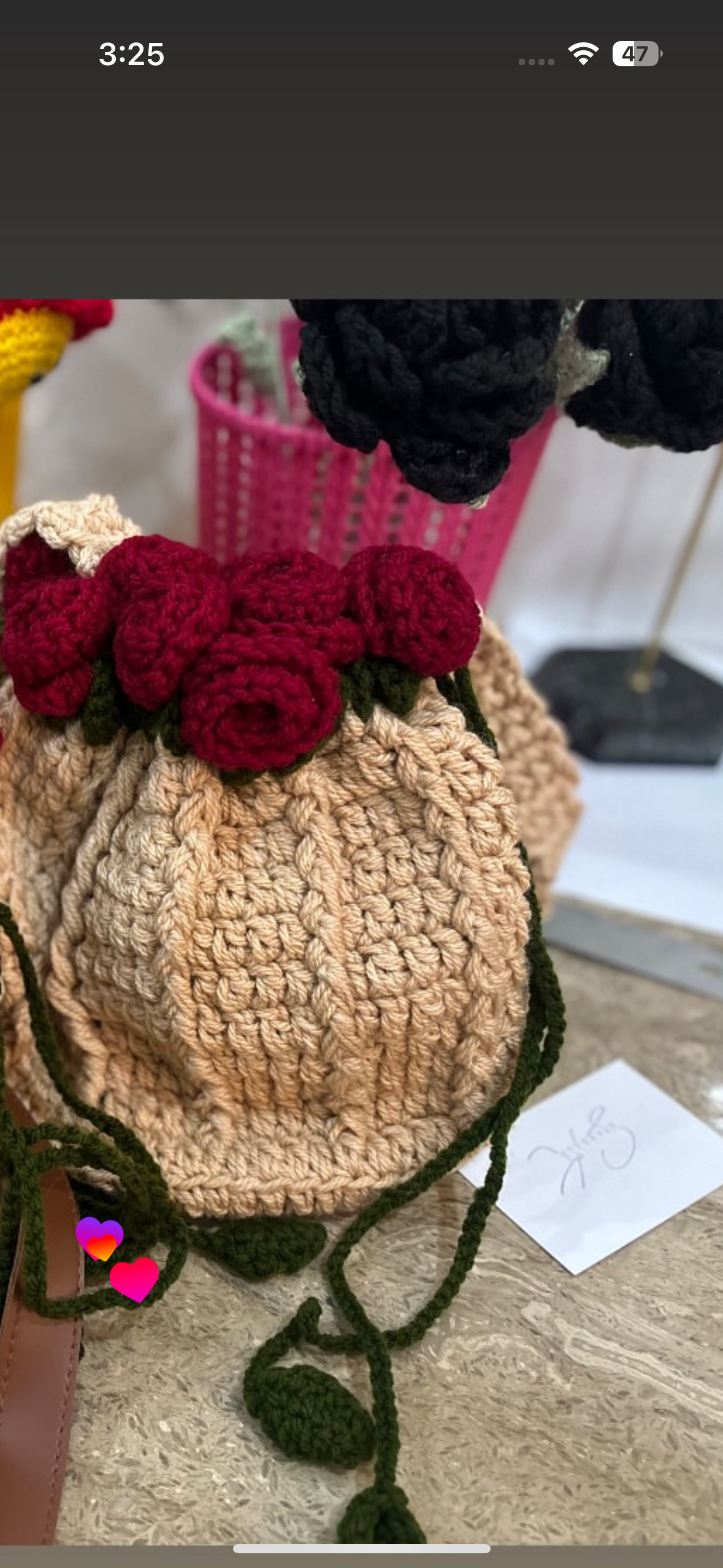 Crochet drawstring rose bag