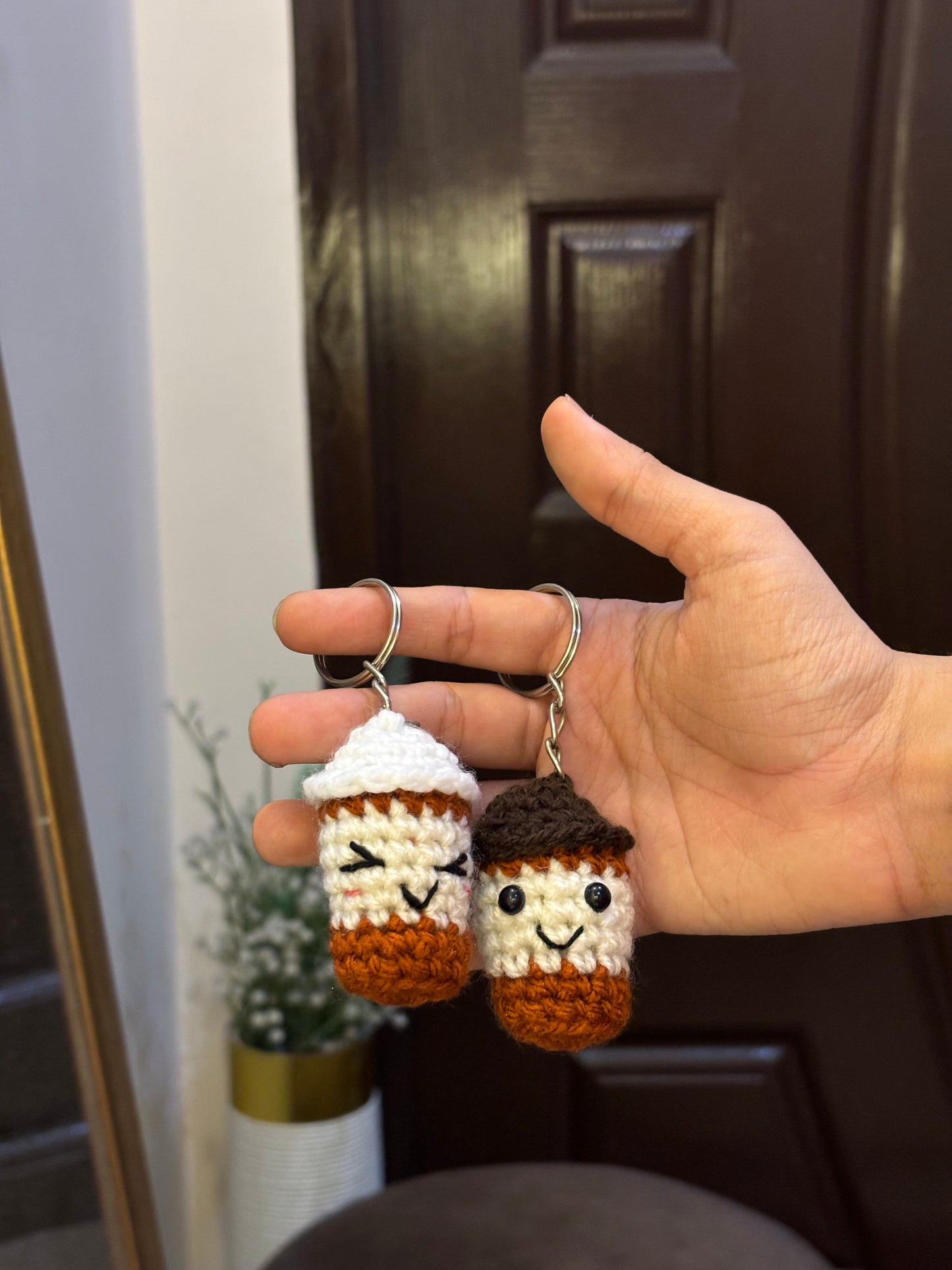 Crochet mini coffe cup keychain pair