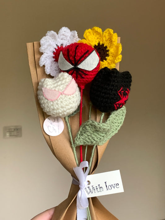 Crochet spiderman themed bouquet with complementary khaaki wrapping