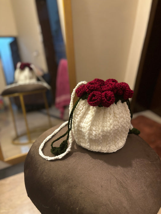 Crochet drawstring rose bag
