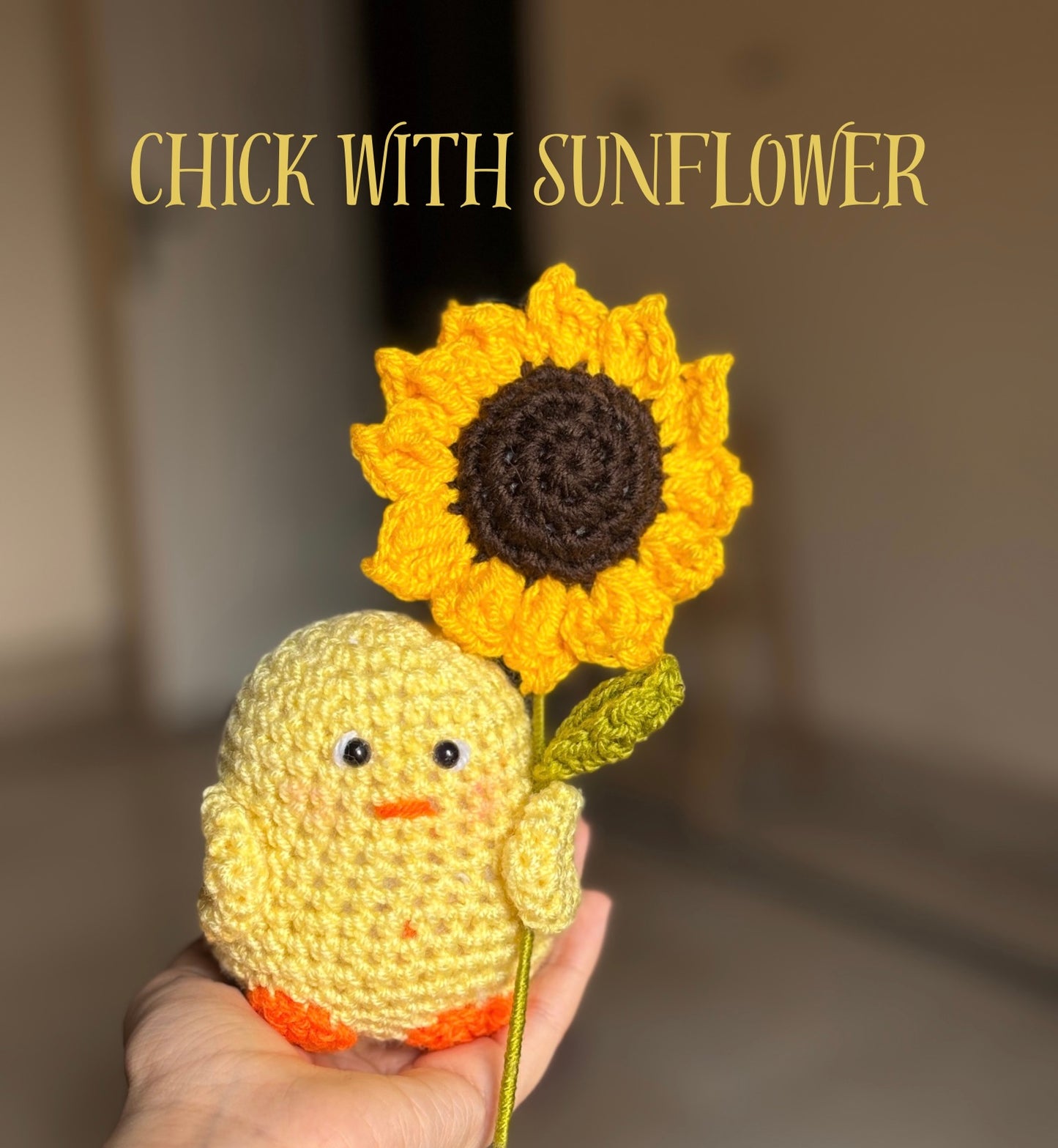 Crochet chick with a sunflower