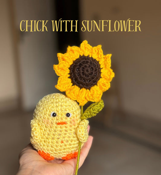 Crochet chick with a sunflower