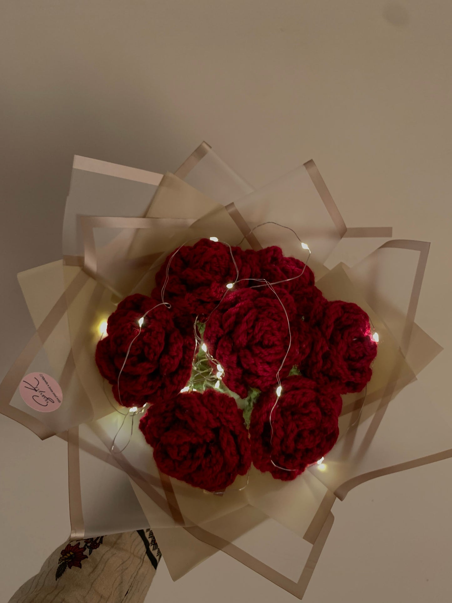 Crochet maroon roses round bouquet