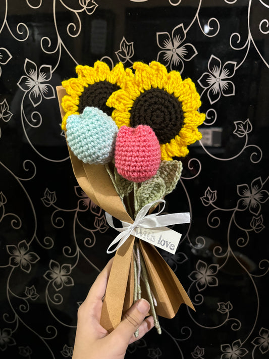 Crochet sunflower tulips with complementary khaaki wrapping