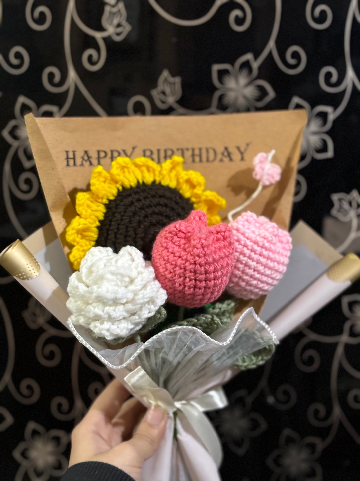 Crochet handmade bouquet with text wrapping(Happy birthday text)