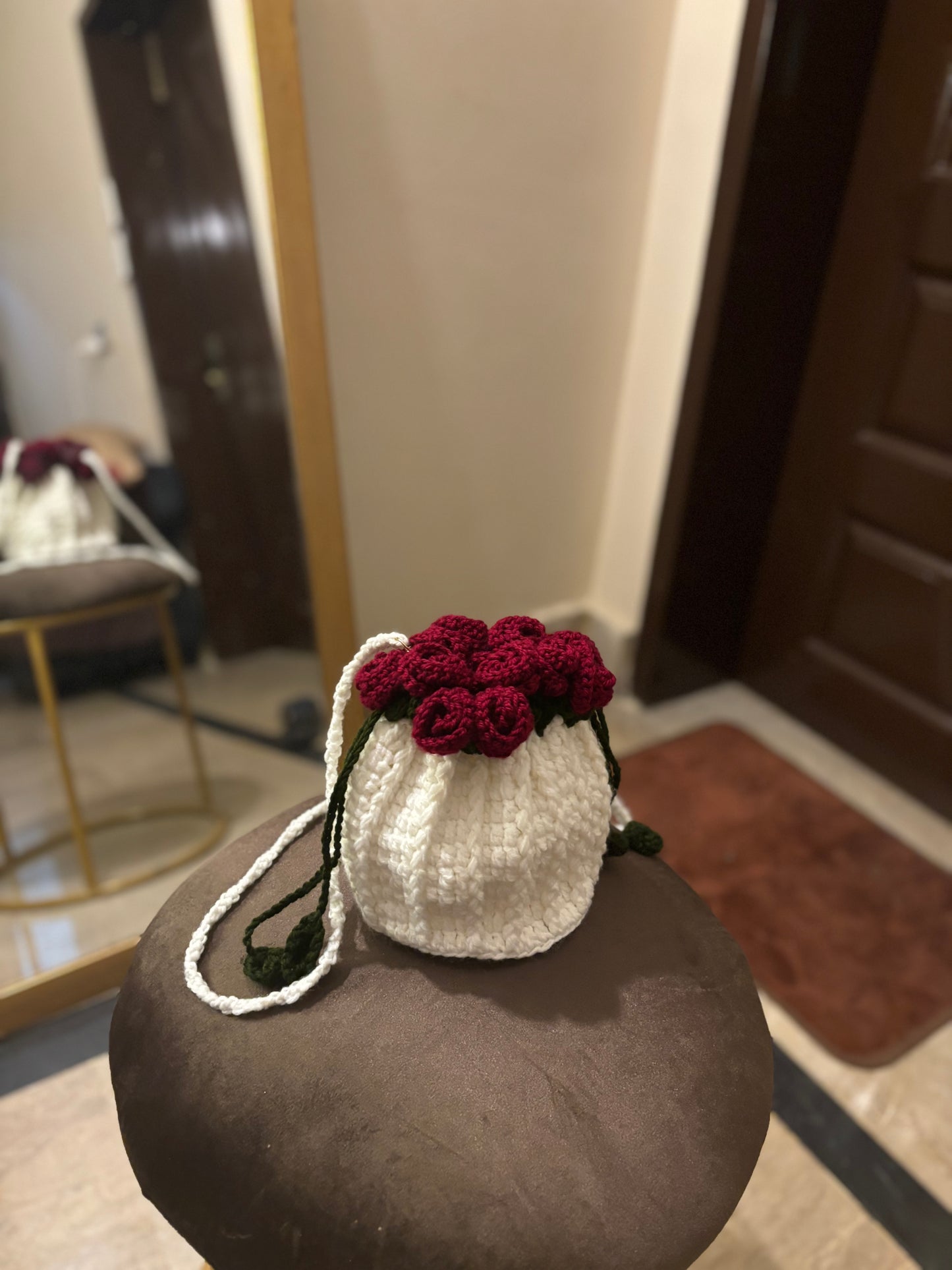 Crochet drawstring rose bag
