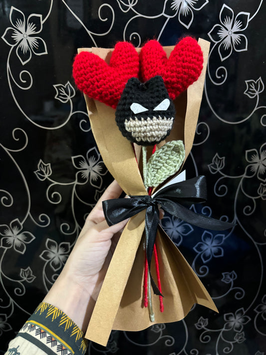 Crochet batman themed tulips with red hearts