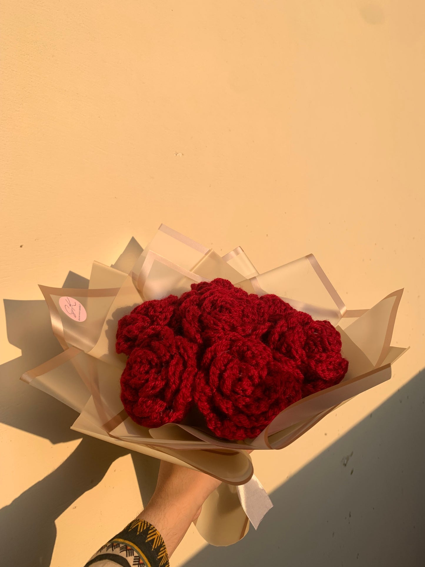 Crochet maroon roses round bouquet