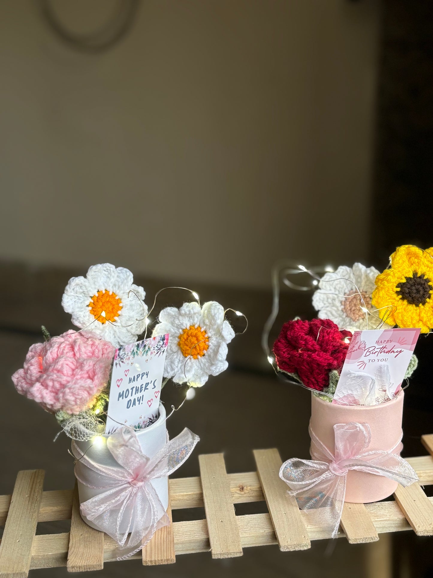 Mini bucket with crochet flowers