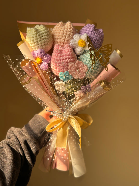 Crochet pastel themed bouquet with butterfly and fairylights