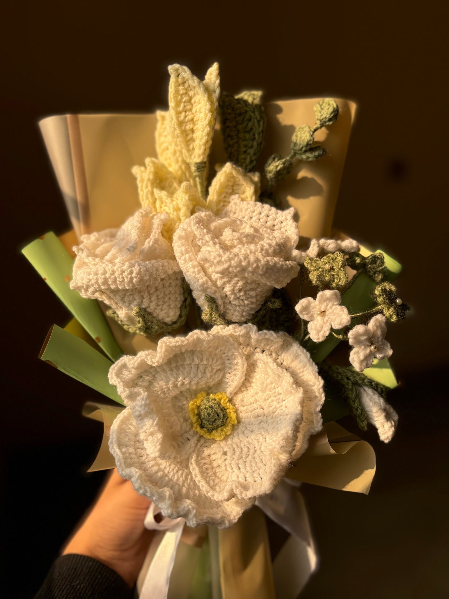 Crochet white green themed bouquet