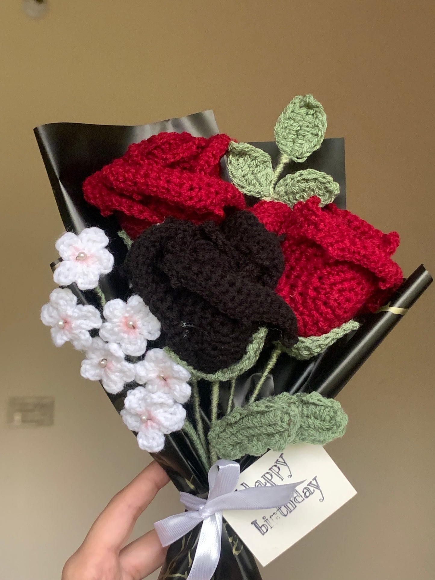 Crochet roses and forget me not flowers bouquet