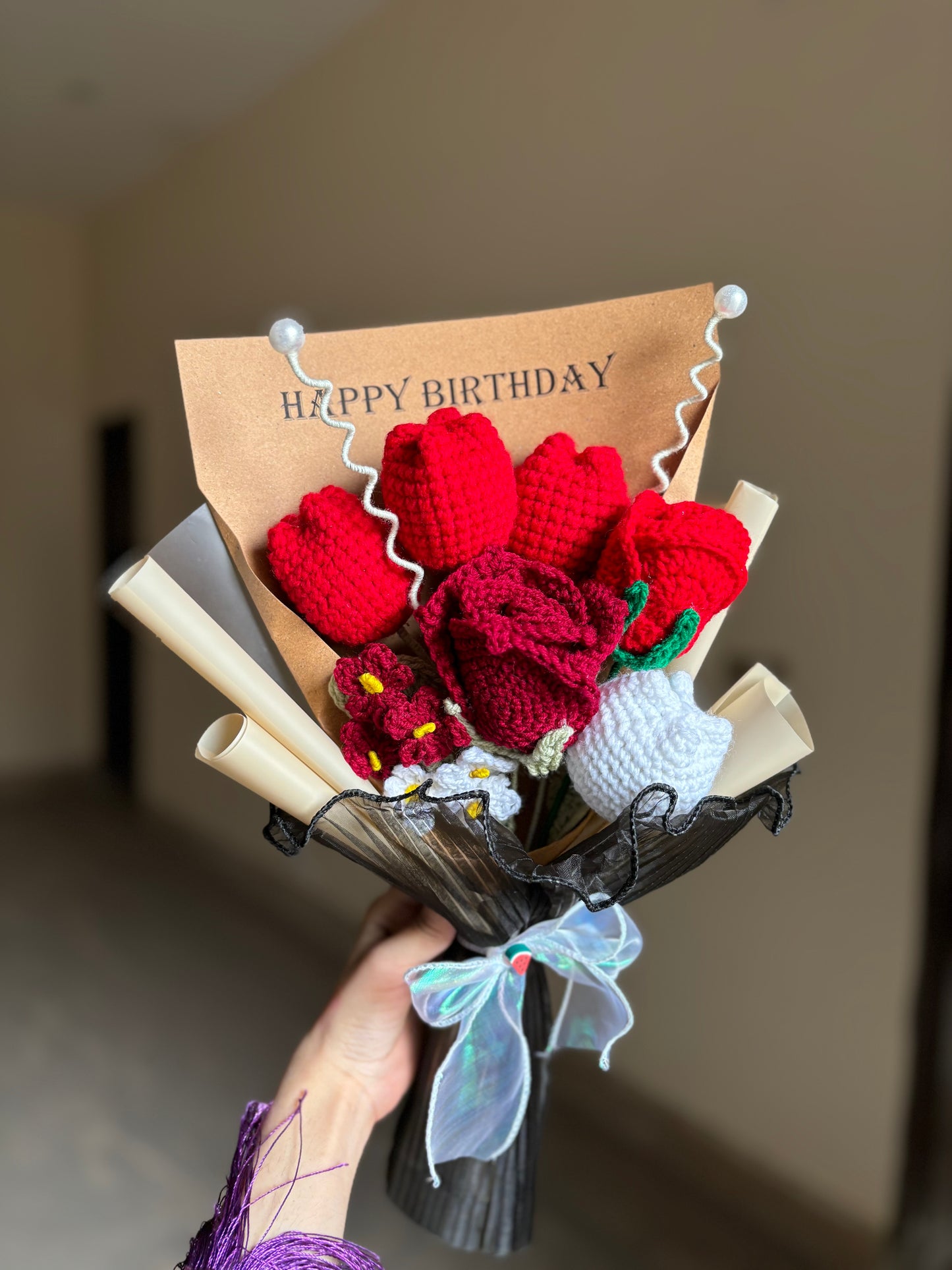 Crochet premium red themed bouquet with happy birthday text