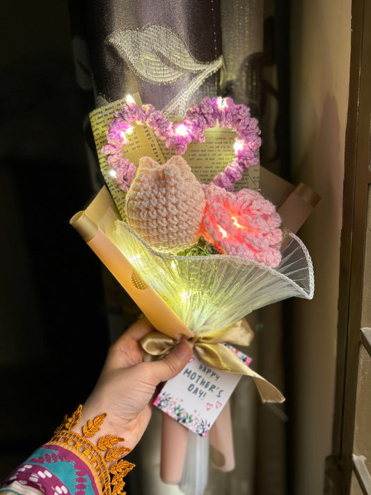 Crochet heart tulip and rose bouquet