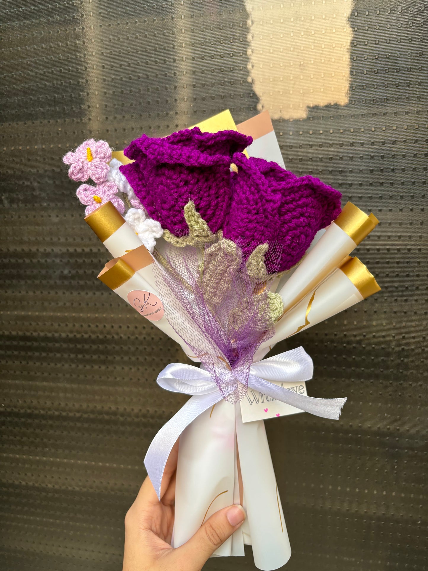 Crochet purple roses bouquet