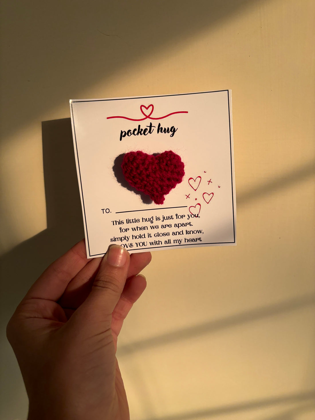 Pocket hug card with crochet heart – Sksparkels