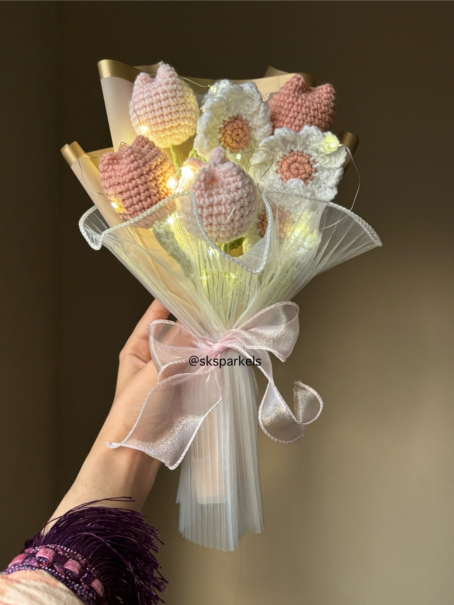 Crochet pastel themed premium bouquet with fairylights