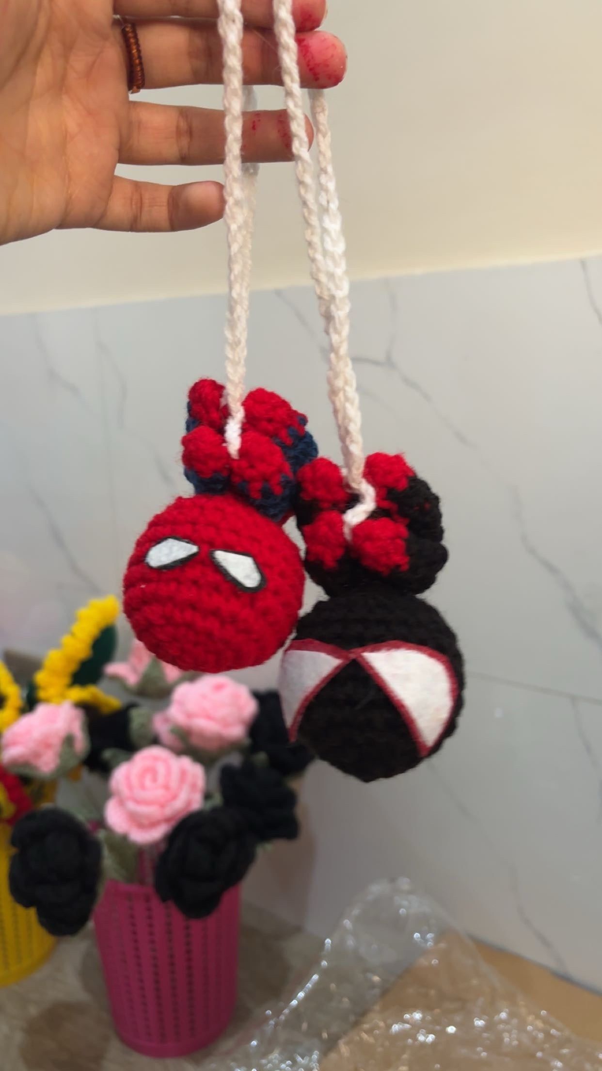 Crochet spiderman car hanging