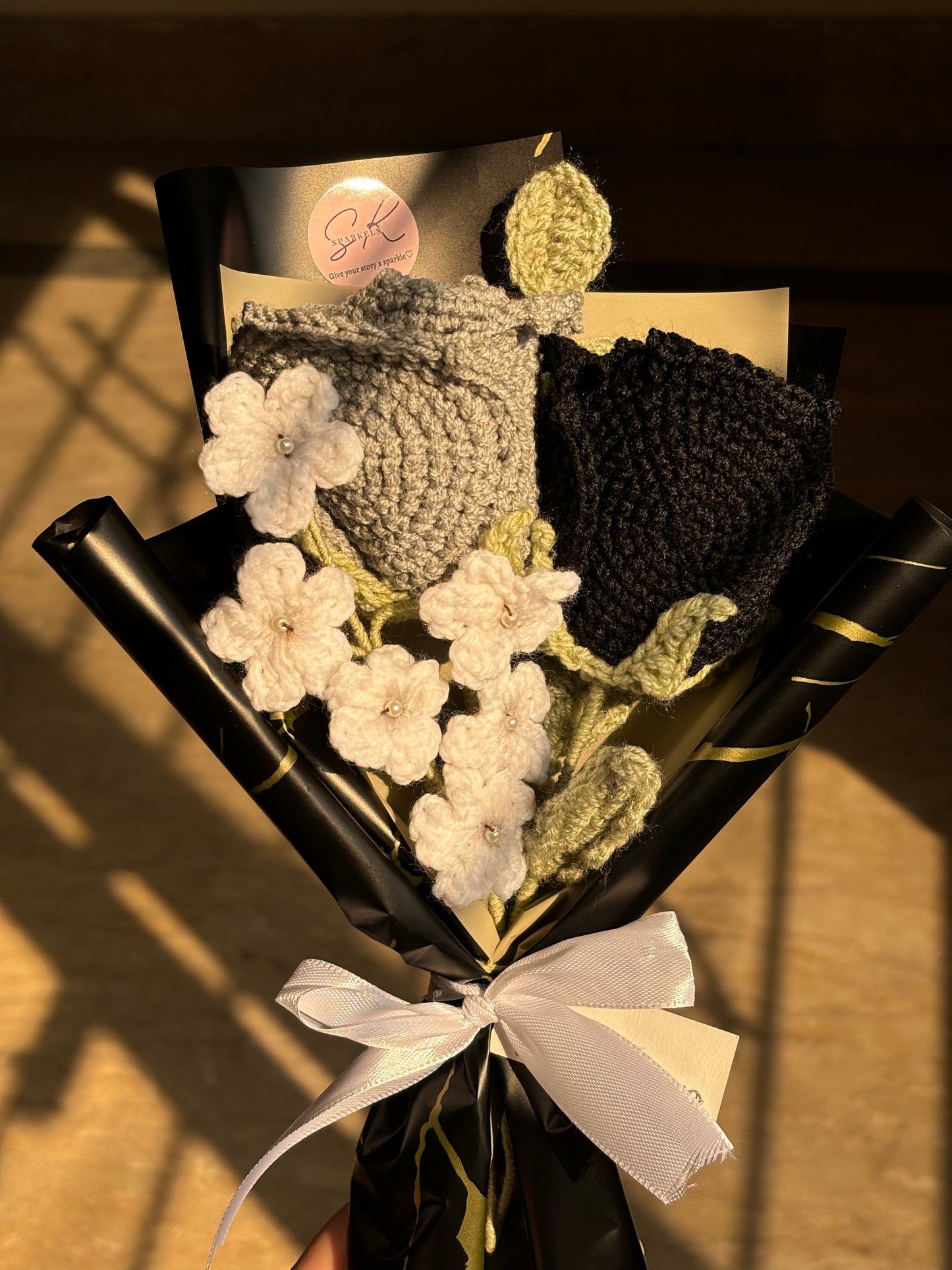 Crochet black grey themed rose bouquet