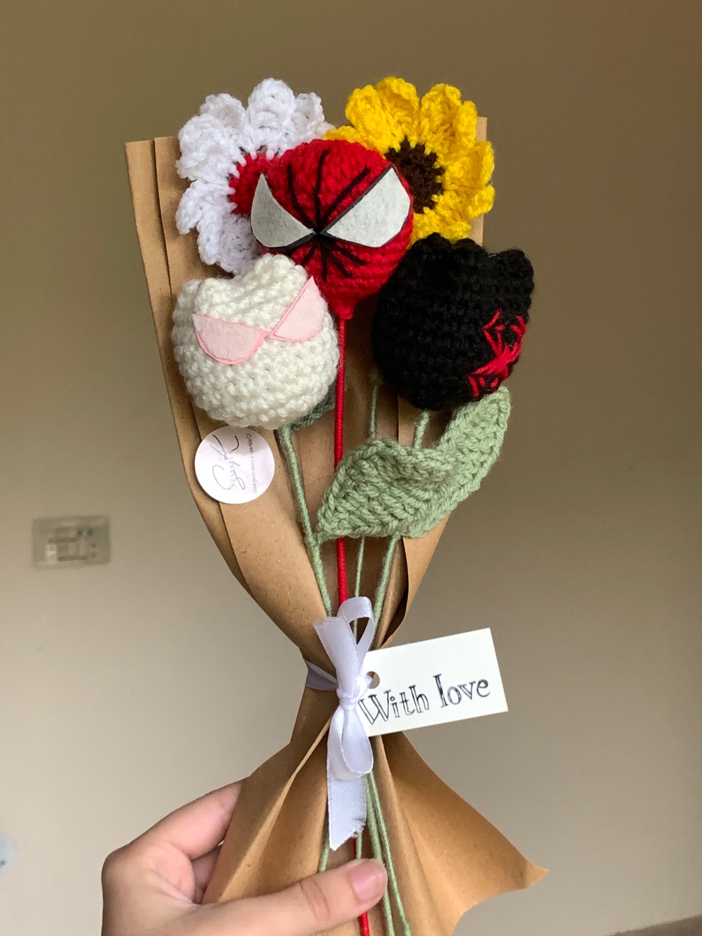 Crochet spiderman themed bouquet with complementary khaaki wrapping