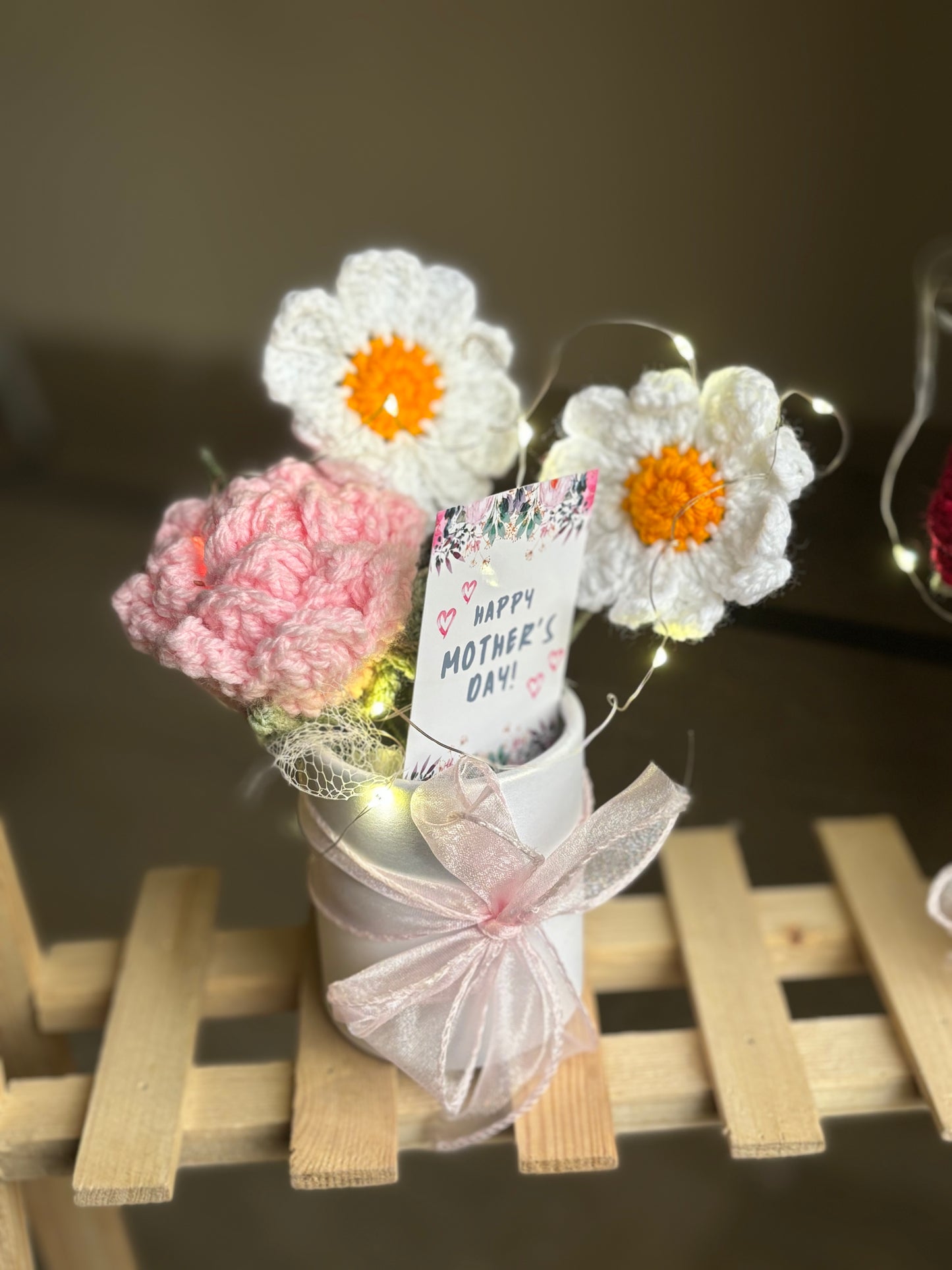 Mini bucket with crochet flowers