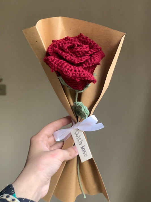 Crochet single petal rose with complementary khaaki wrapping