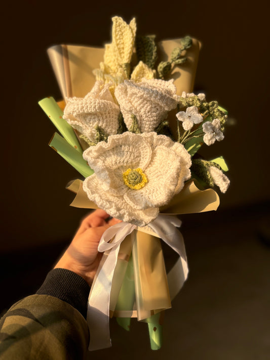 Crochet white green themed bouquet