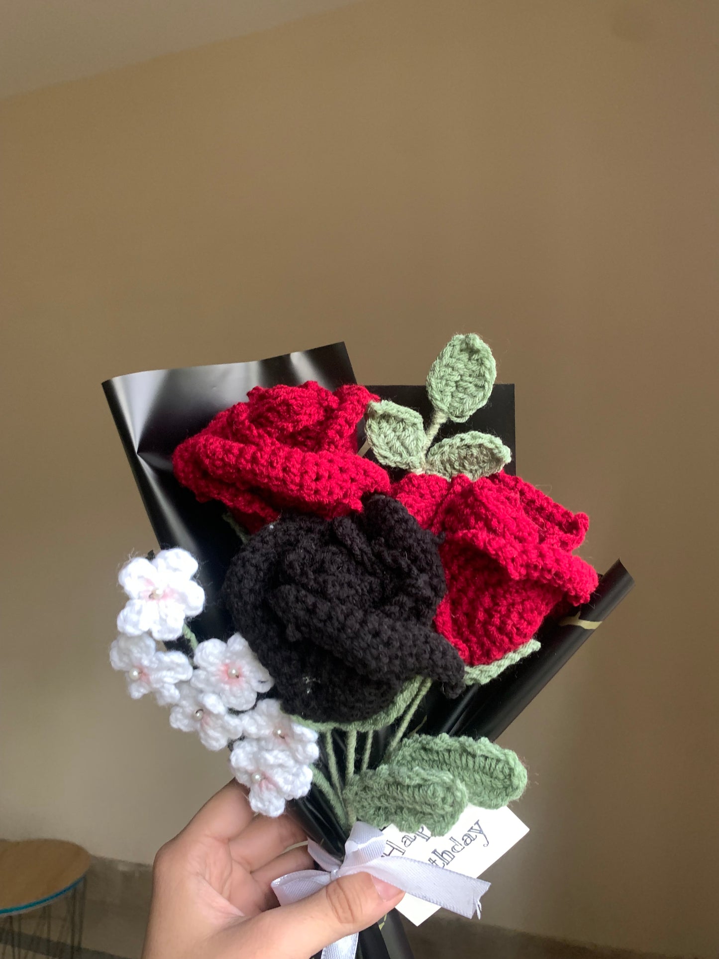 Crochet roses and forget me not flowers bouquet