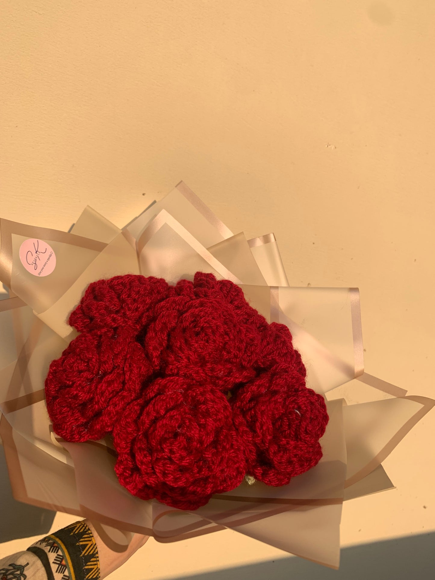 Crochet maroon roses round bouquet