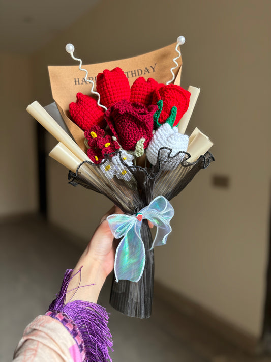 Crochet premium red themed bouquet with happy birthday text